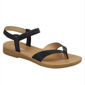 137. Cute Black Faux Leather Summer Sandals with brown sole